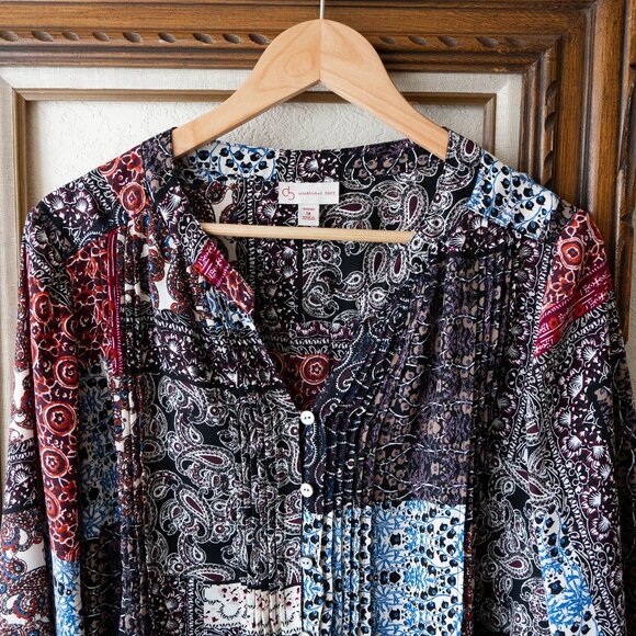 DB Peasant Blouse Size 1X Patchwork Print Pleated Long Sleeve Popover Top Boho - Picture 3 of 6